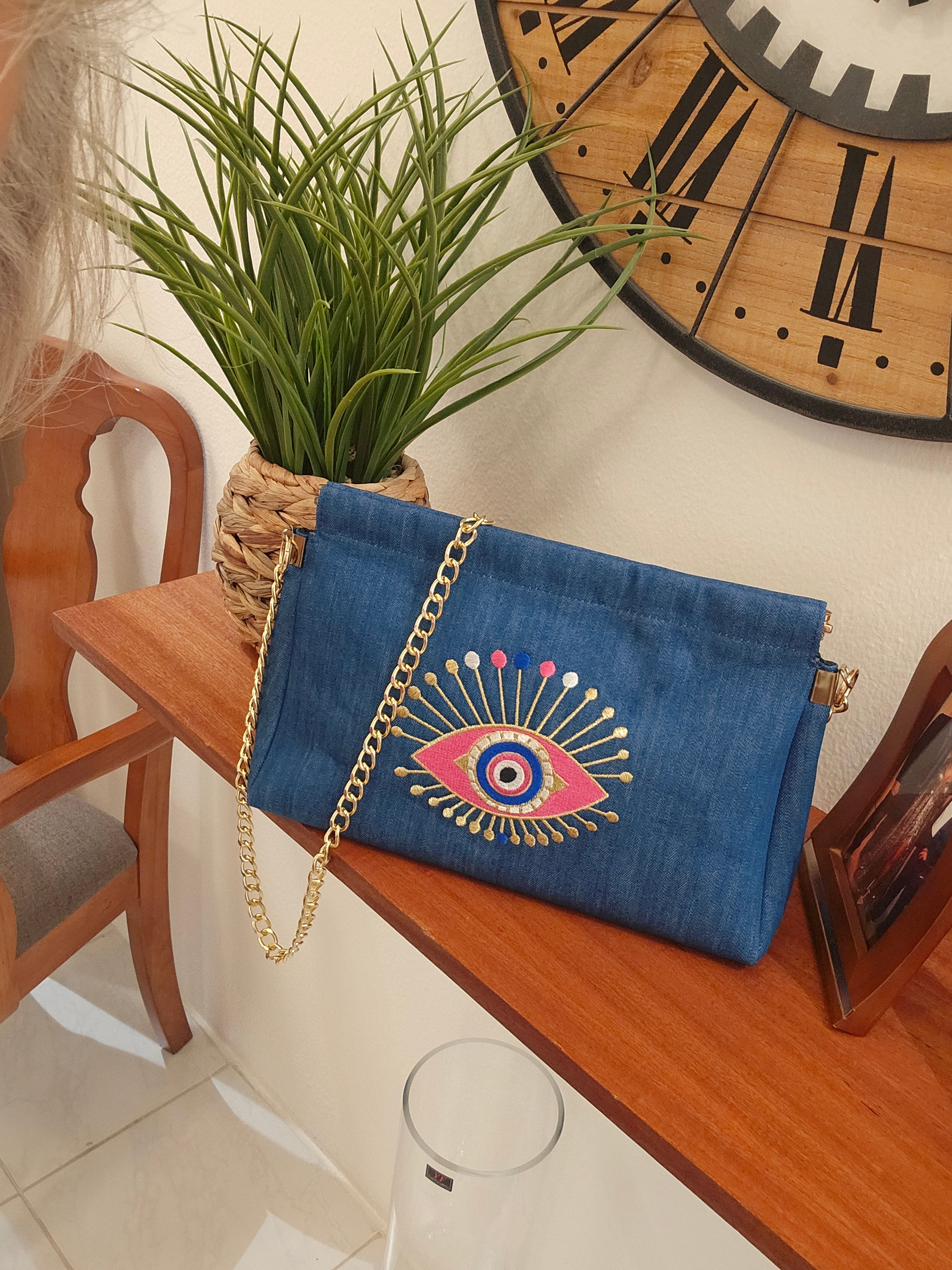 Embroidered Snap Jeans Clutch