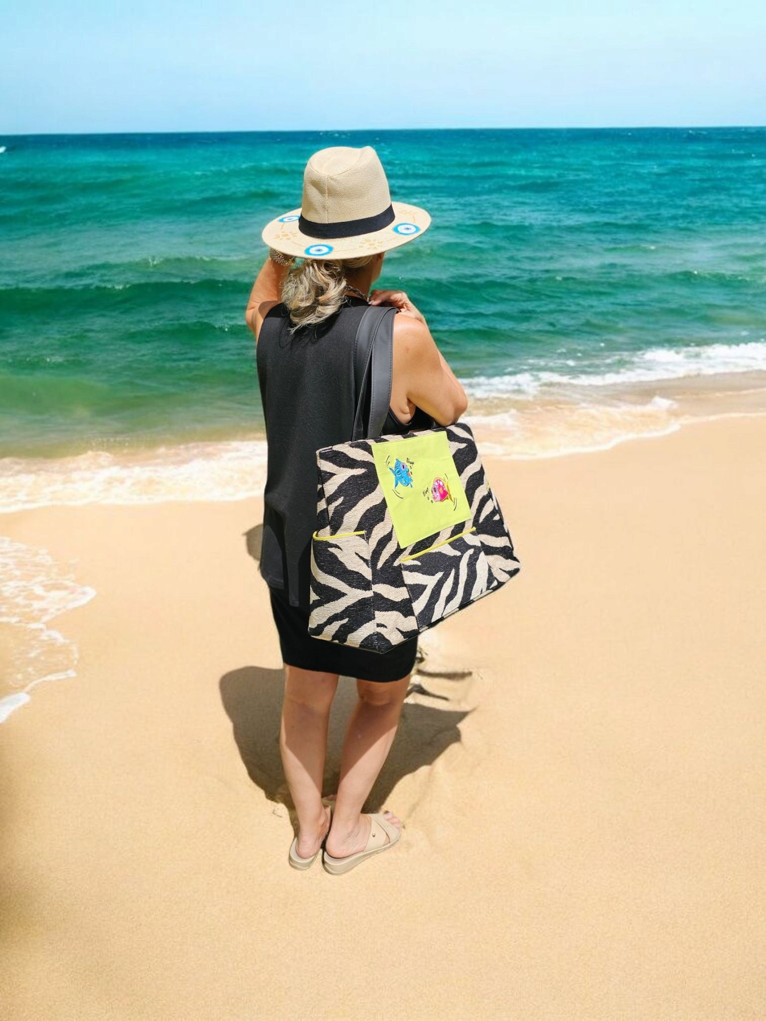 large Zebra Design embroidered beach bag